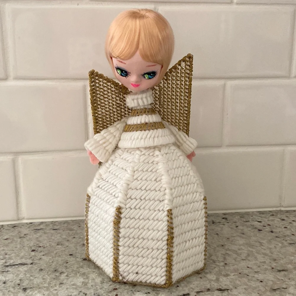 Midcentury needlepoint angel tree topper